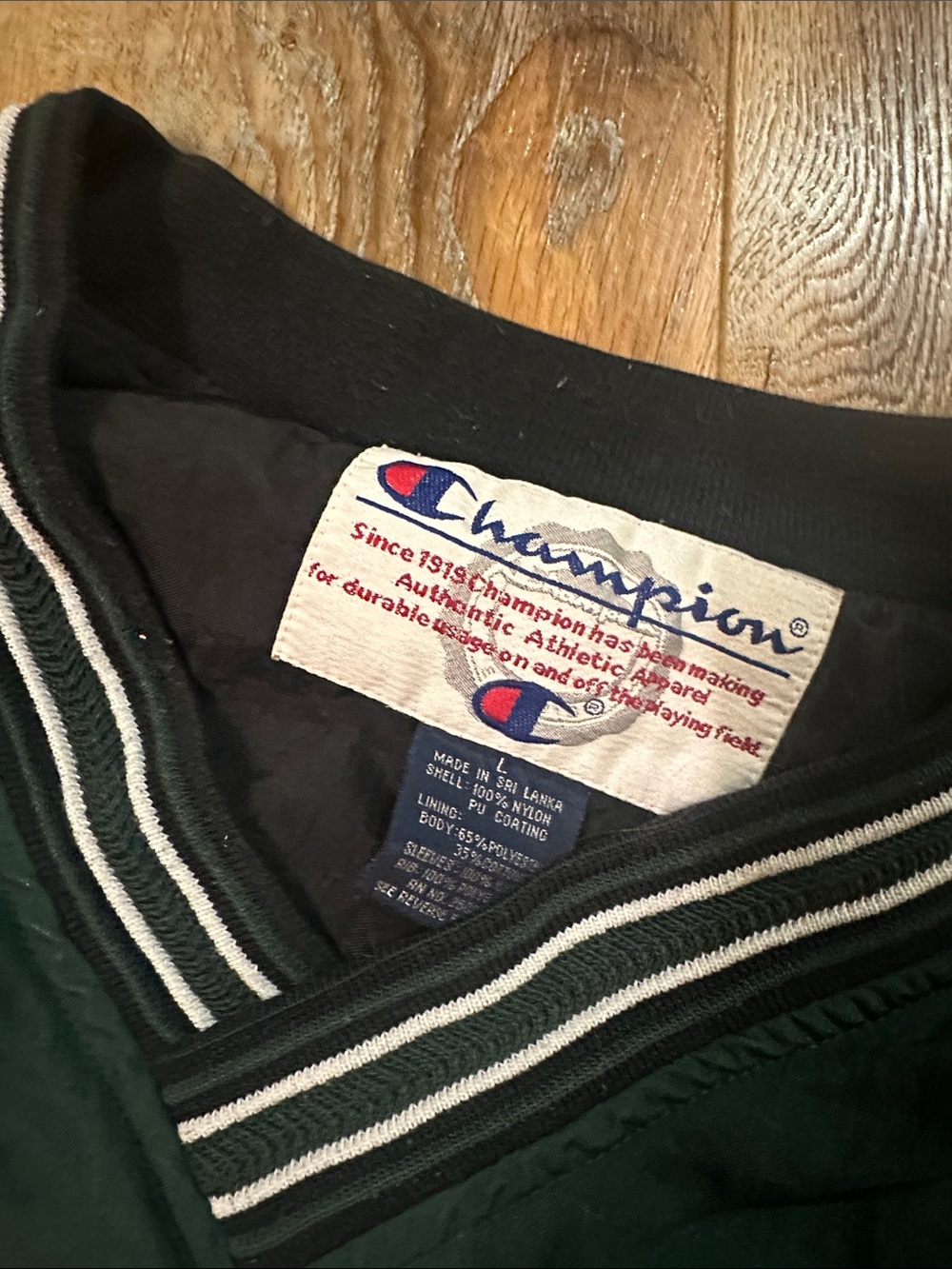 Champion Dark Green V-Neck Pullover Jacket with Striped Trim nylon size L OREGON - Picture 2 of 7